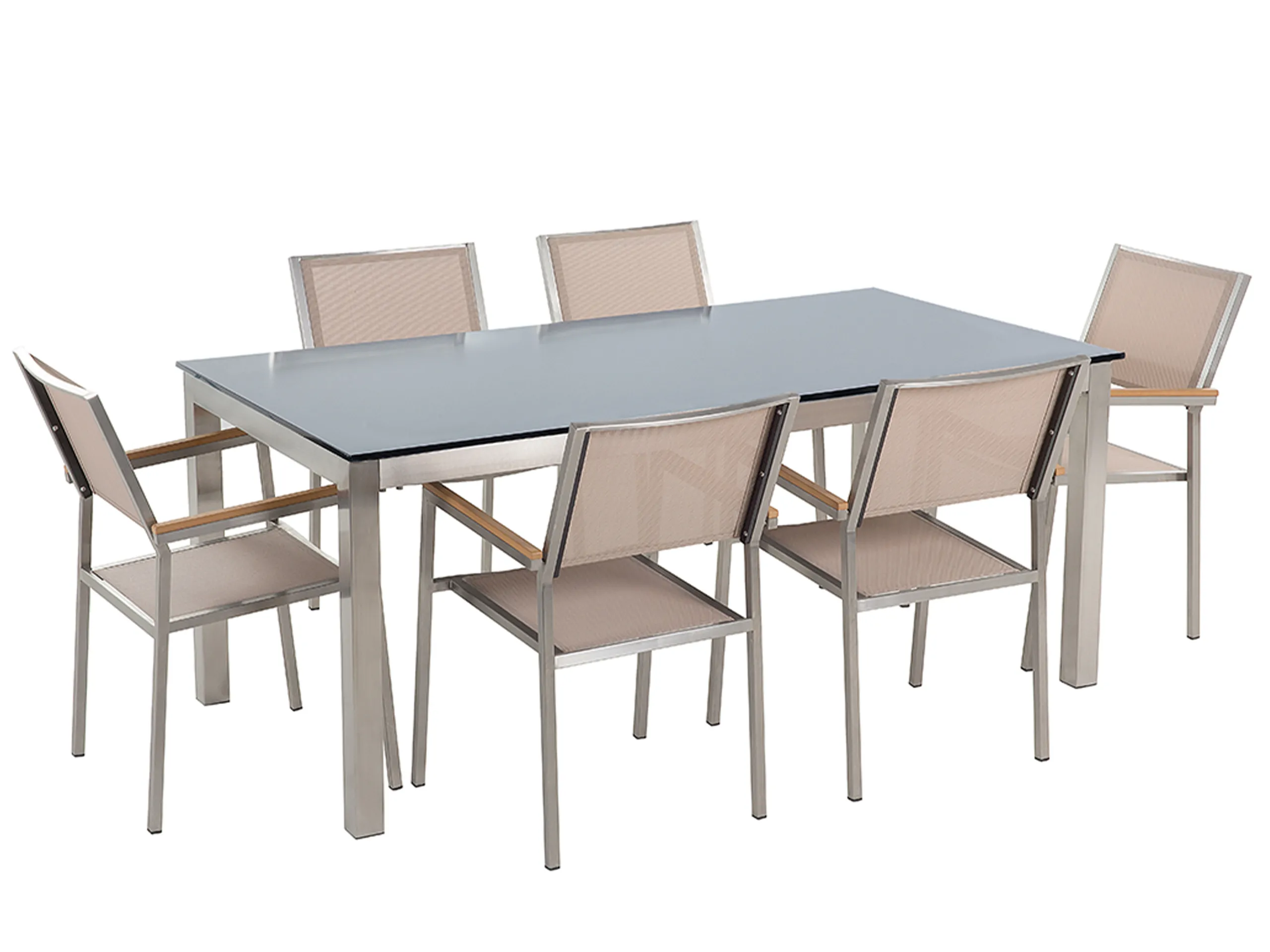 Conjunto de comedor exterior 6 plazas GROSSETO Vidrio templado Negro/Beige