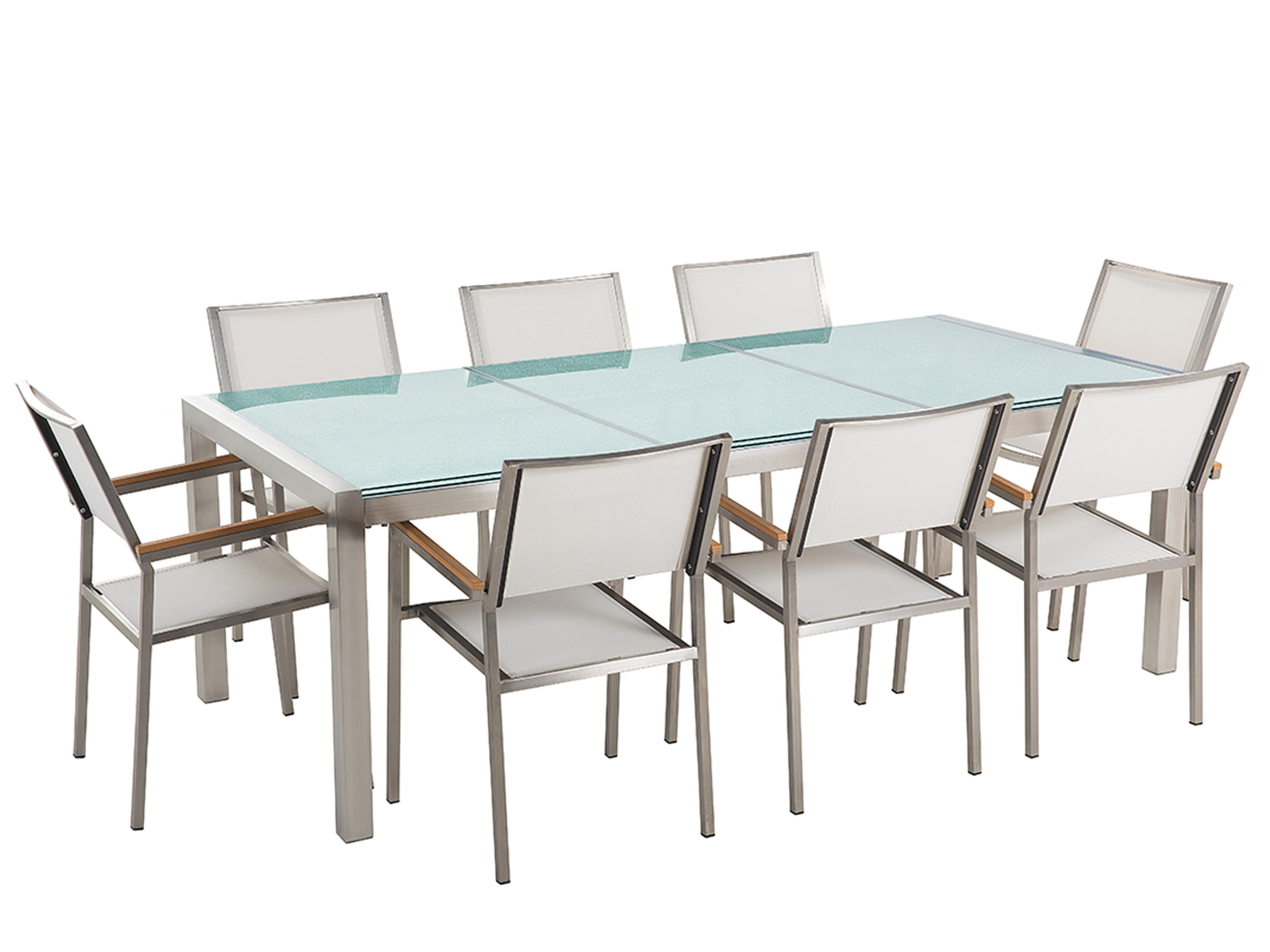 Conjunto de comedor exterior 8 plazas GROSSETO Vidrio agrietado Transparente/Blanco