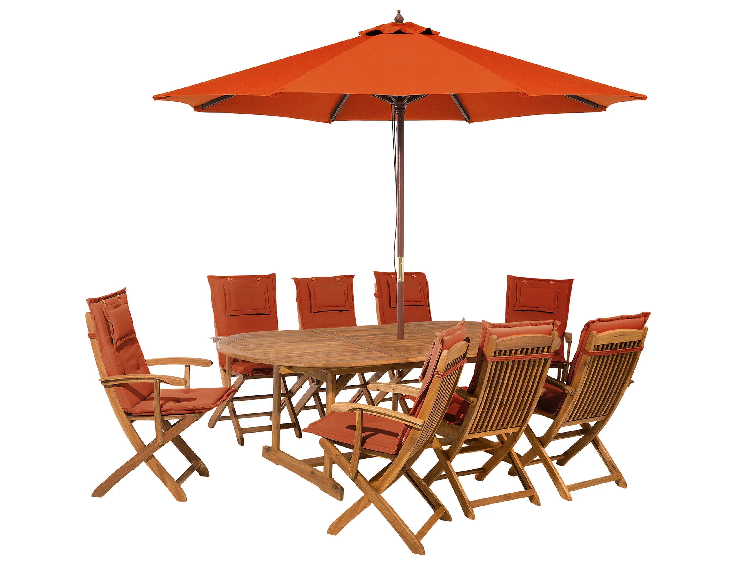 Conjunto de comedor exterior 8 plazas MAUI con sombrilla Madera de acacia Rojo oscuro