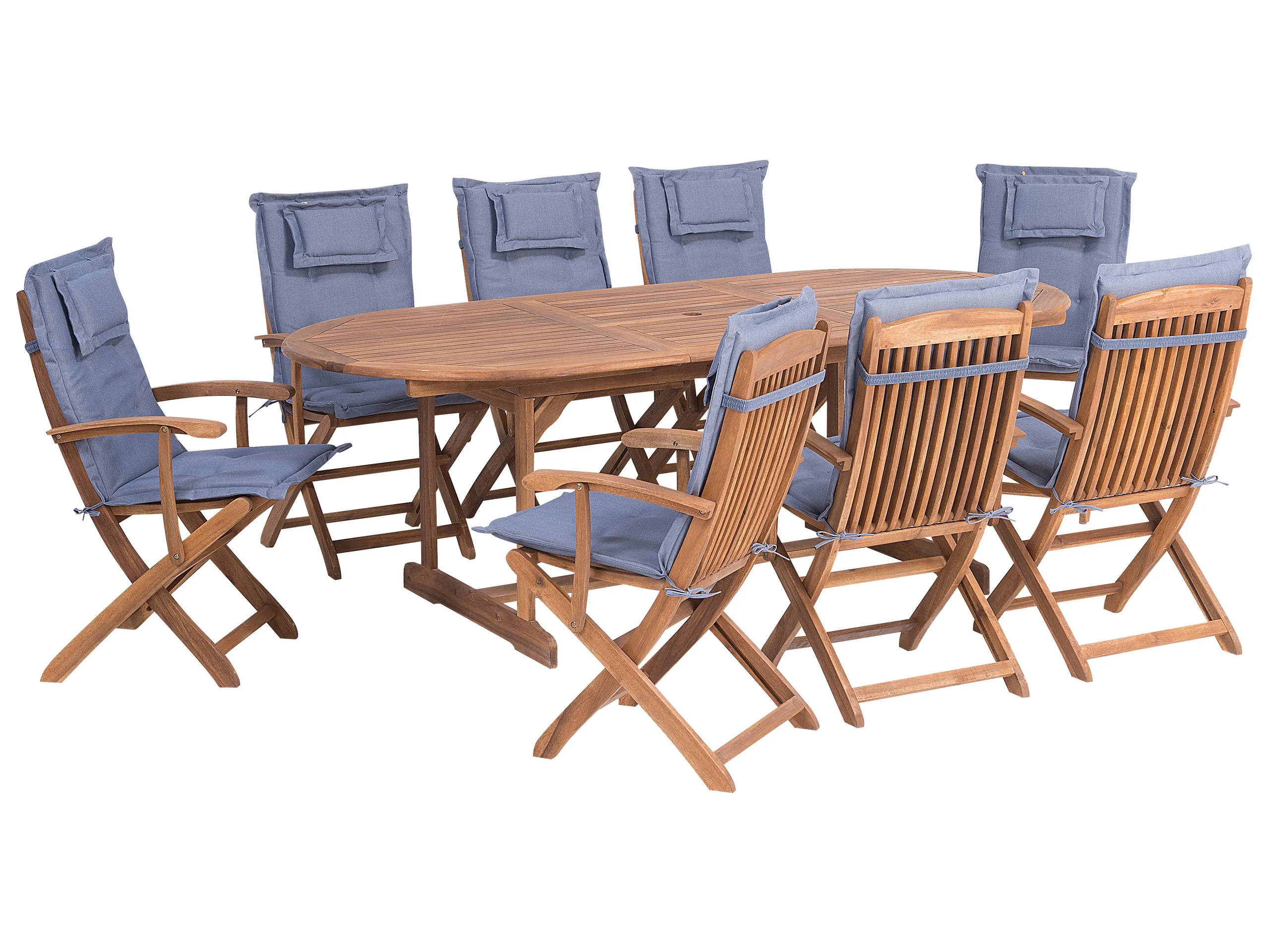 Conjunto de comedor exterior 8 plazas MAUI con cojines Madera de acacia Azul