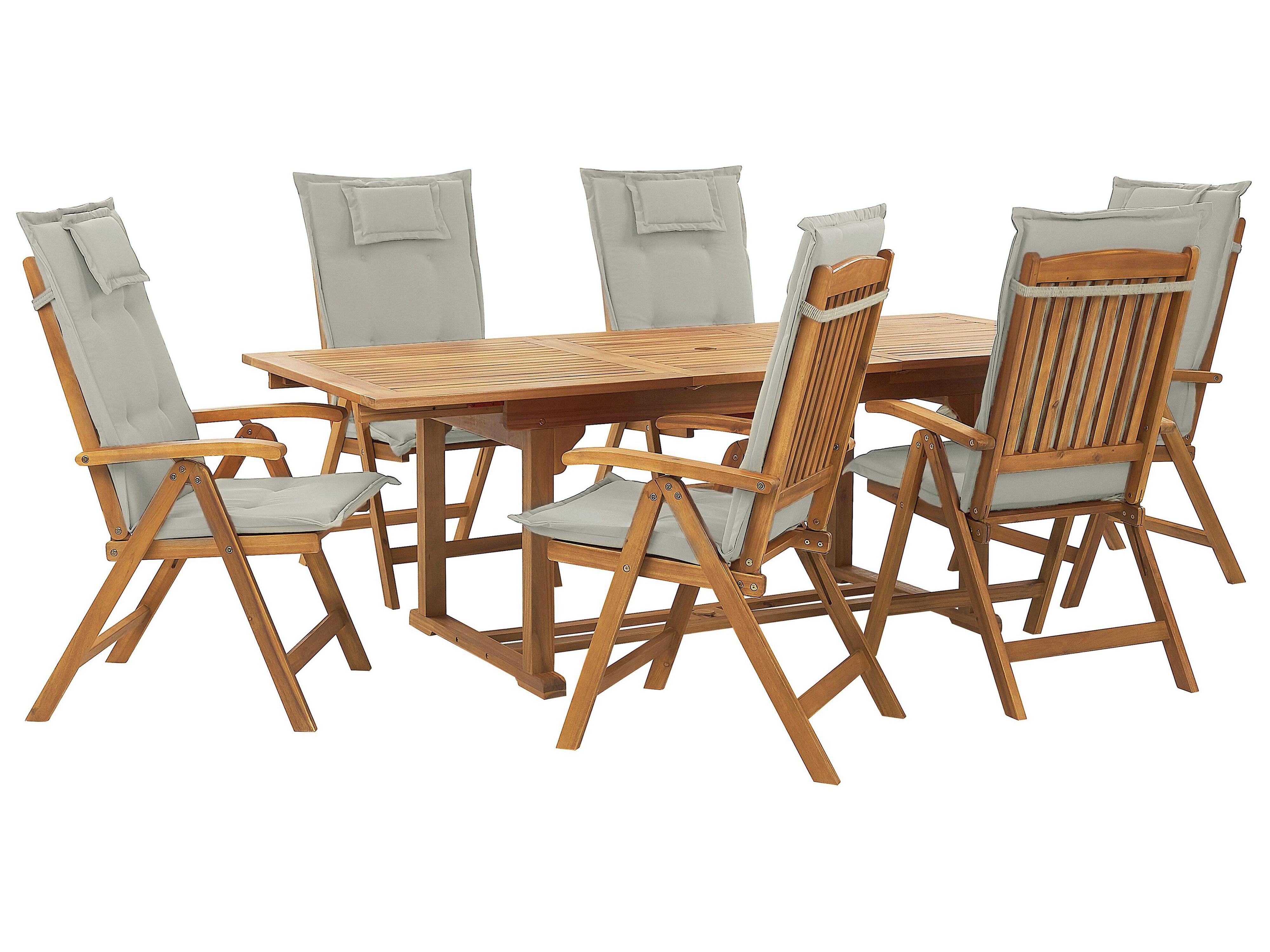 Conjunto de comedor exterior 6 plazas JAVA con cojines Madera de acacia Gris pardo