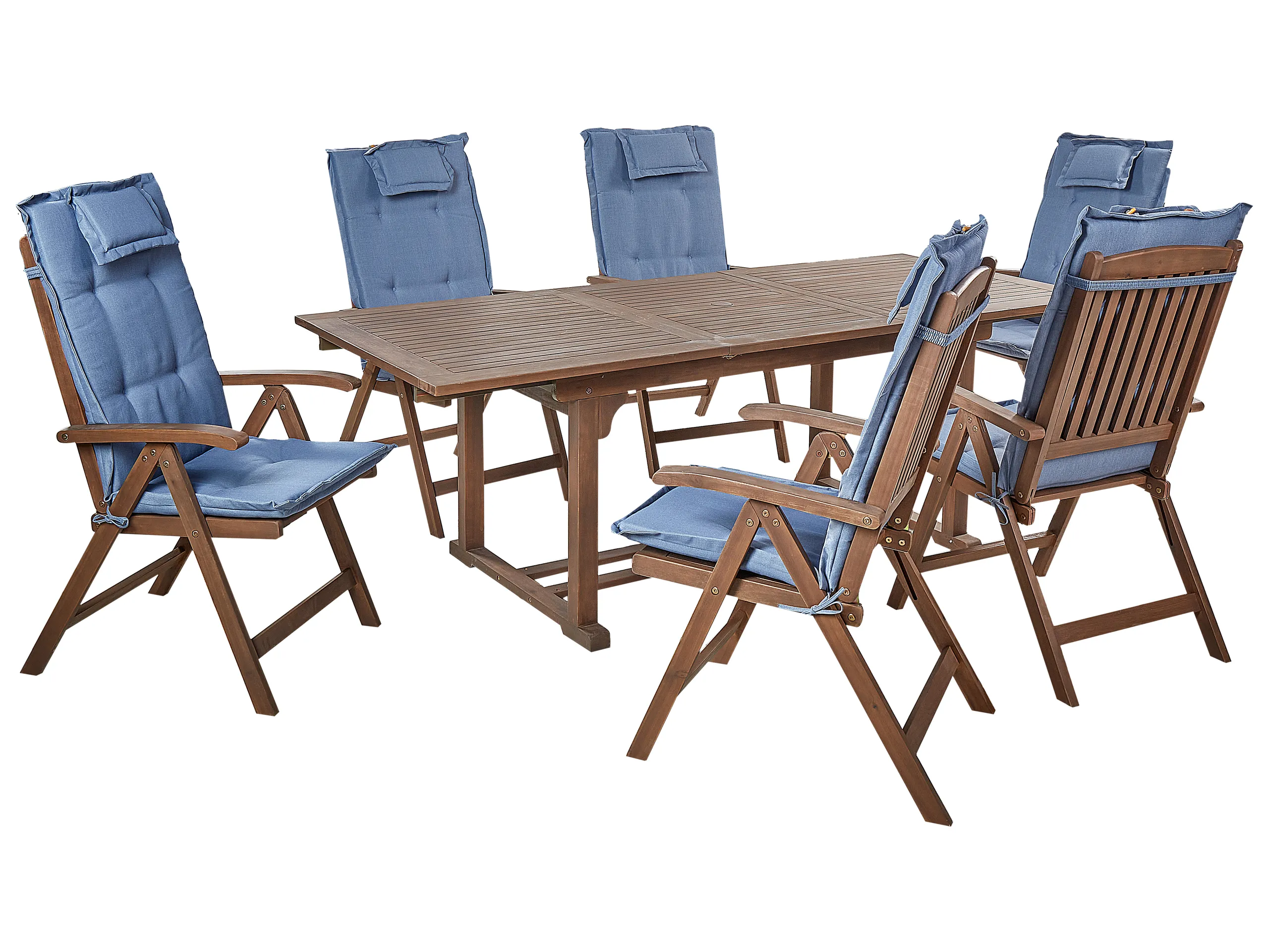 Conjunto de comedor exterior 6 plazas AMANTEA con cojines Madera de acacia Azul