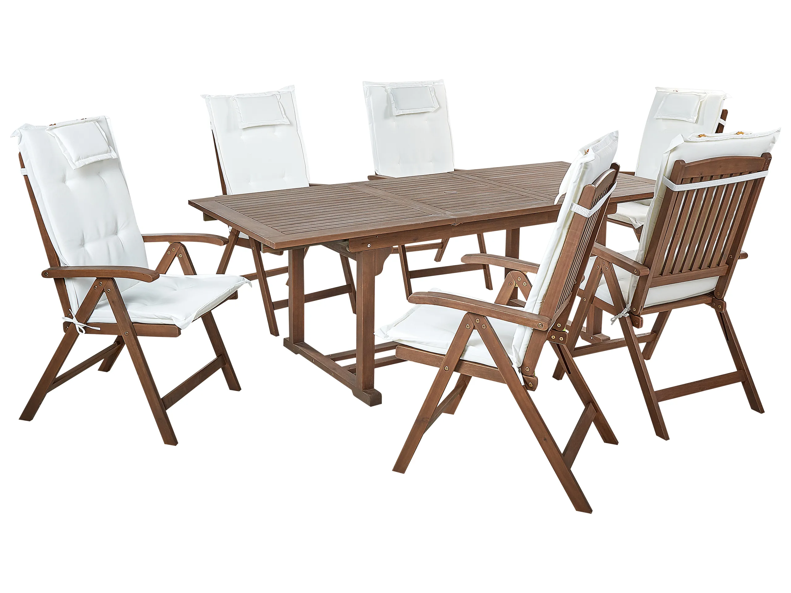 Conjunto de comedor exterior 6 plazas AMANTEA con cojines Madera de acacia Blanco crema
