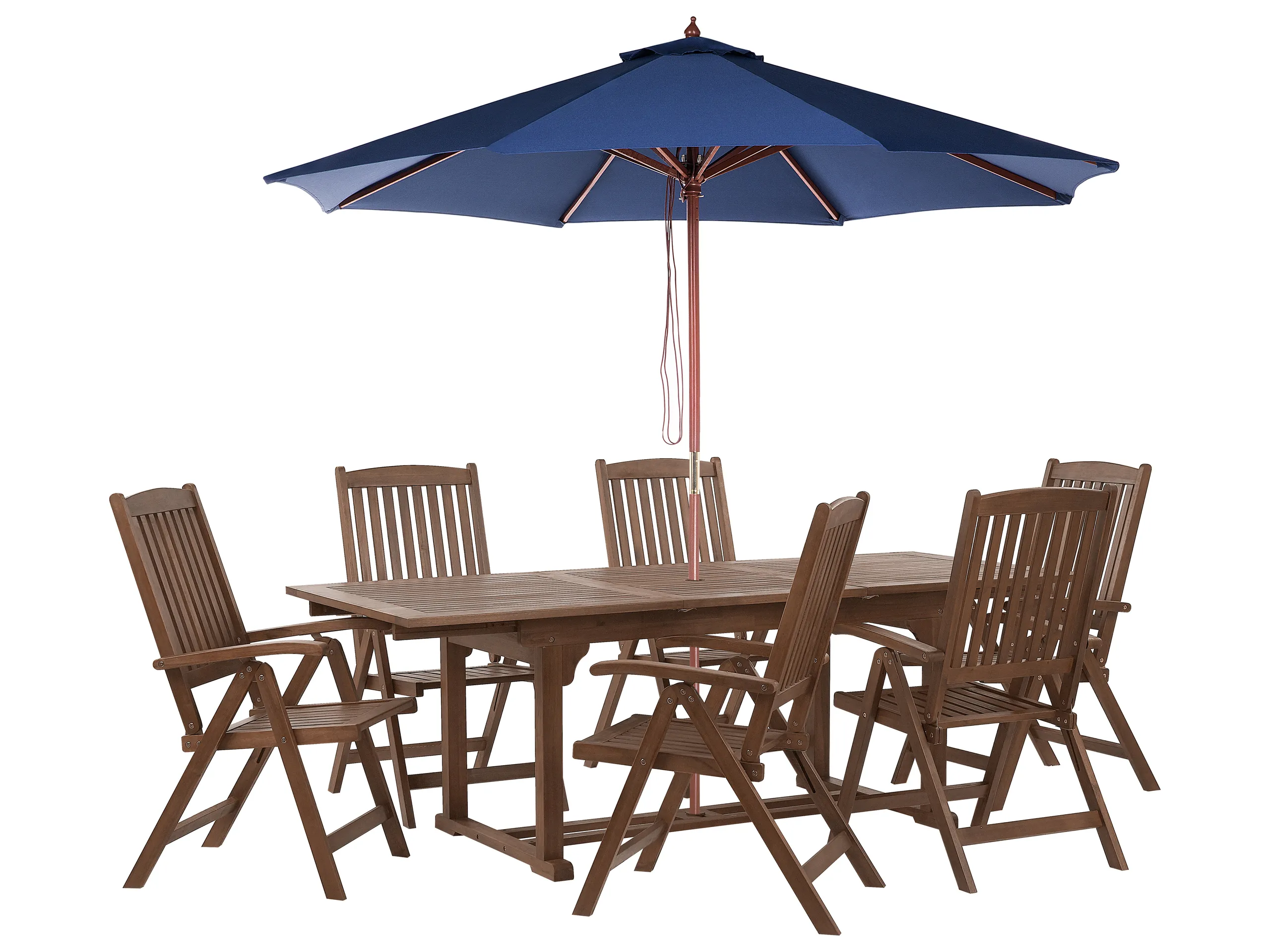 Conjunto de comedor exterior 6 plazas AMANTEA con sombrilla Madera de acacia Azul