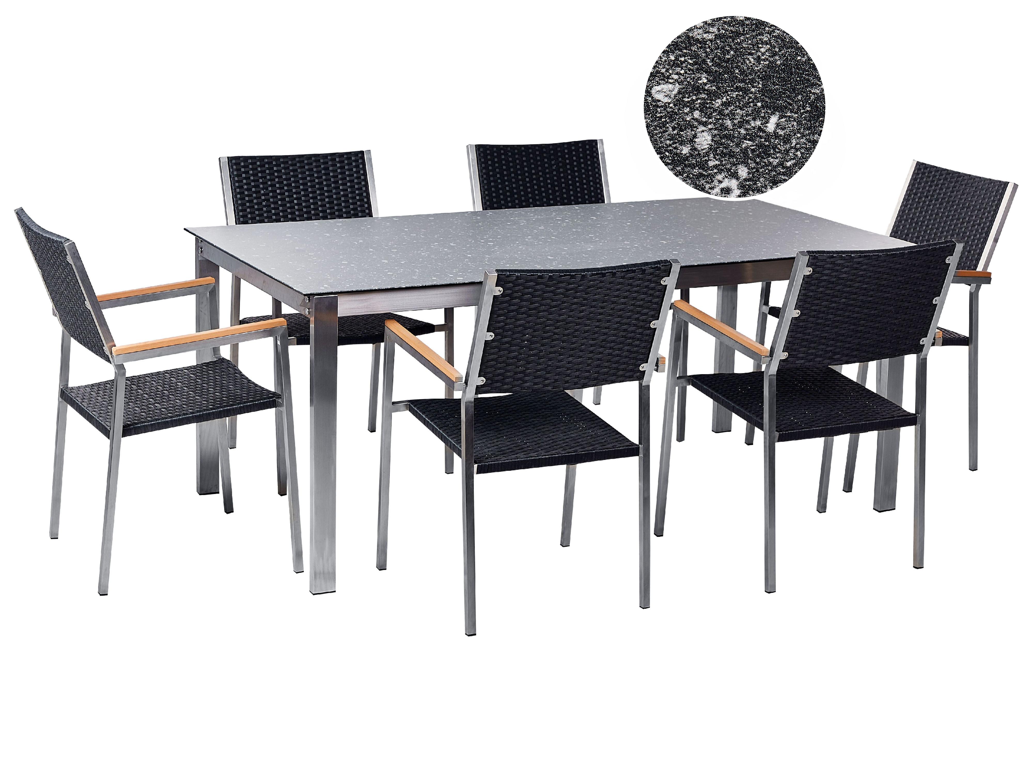 Conjunto de comedor exterior 6 plazas COSOLETO/GROSSETO Vidrio templado Efecto granito Negro