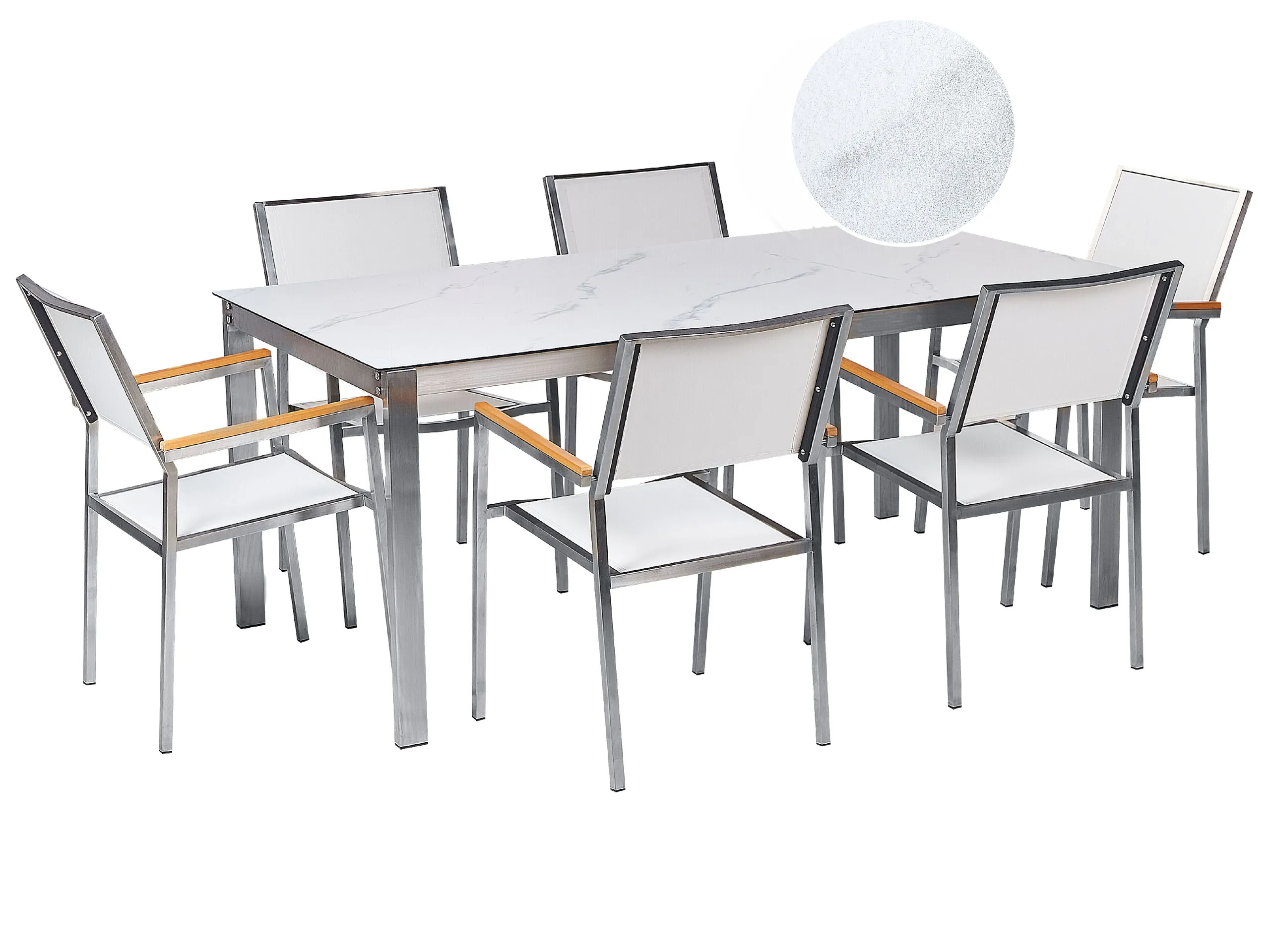 Conjunto de comedor exterior 6 plazas COSOLETO/GROSSETO Vidrio templado Efecto mármol Mármol blanco