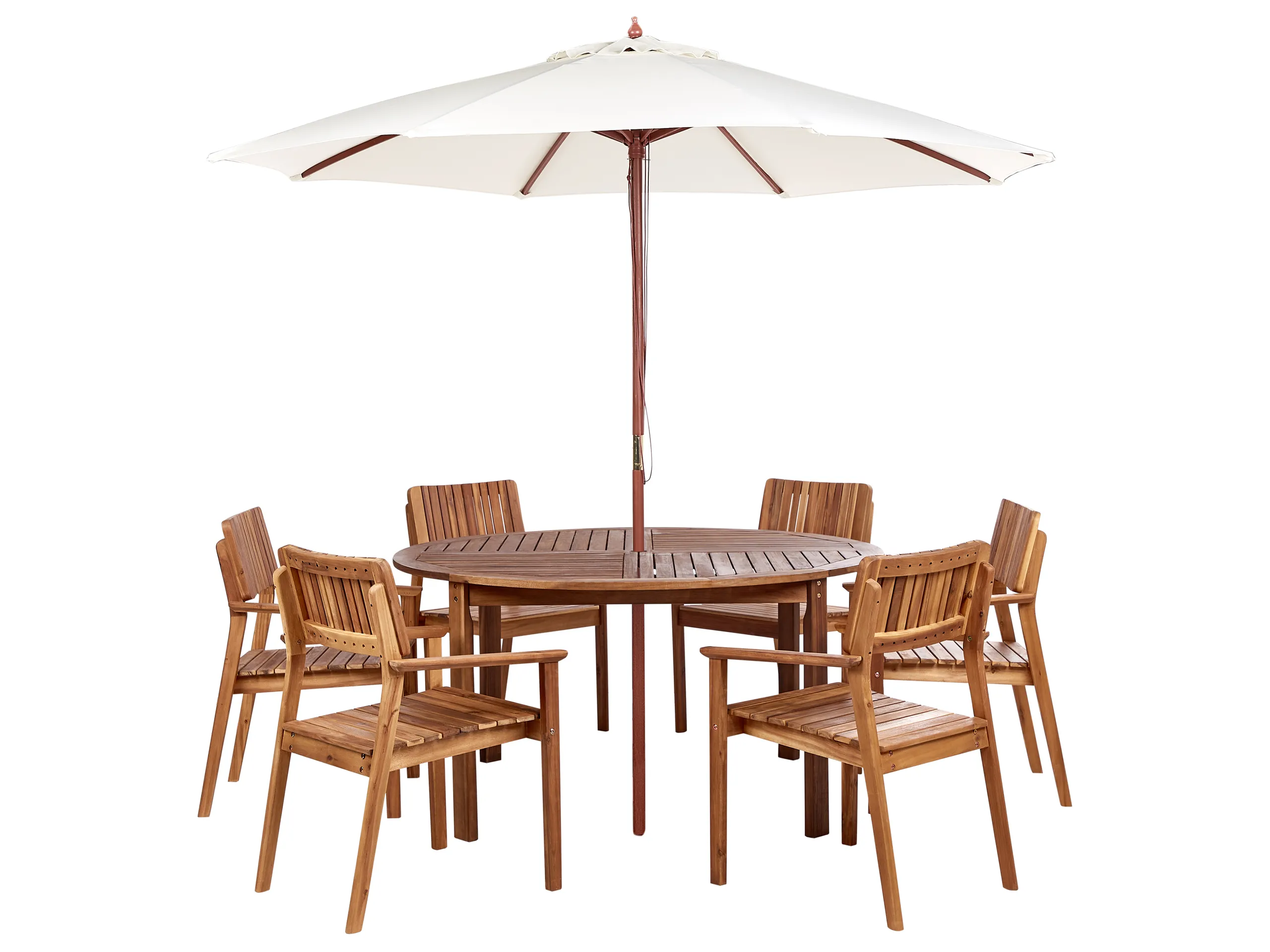 Conjunto de comedor exterior 6 plazas AGELLO con sombrilla (12 opciones) Madera de acacia Marrón
