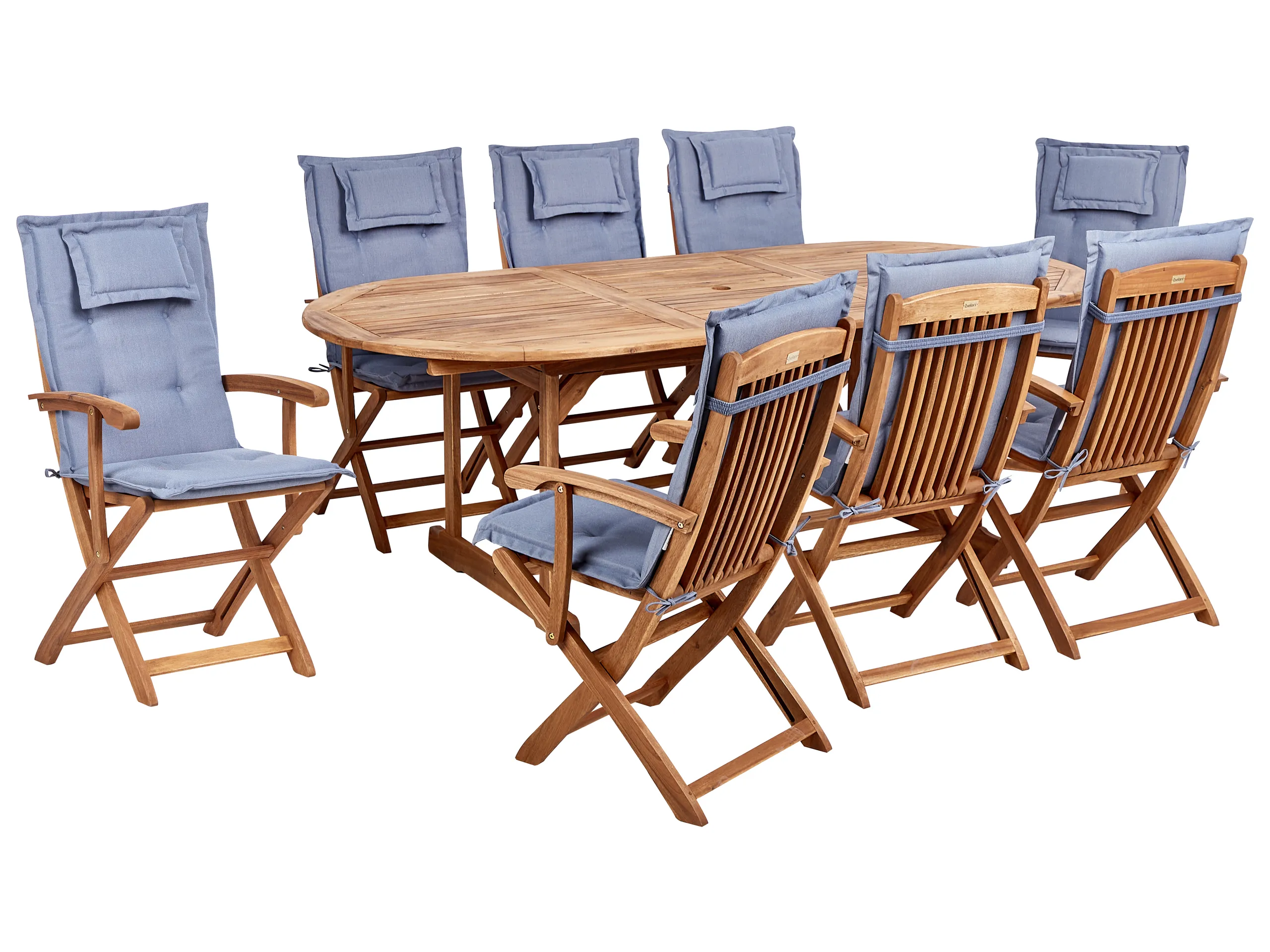 Conjunto de comedor exterior 8 plazas MAUI II con cojines Madera de acacia Azul