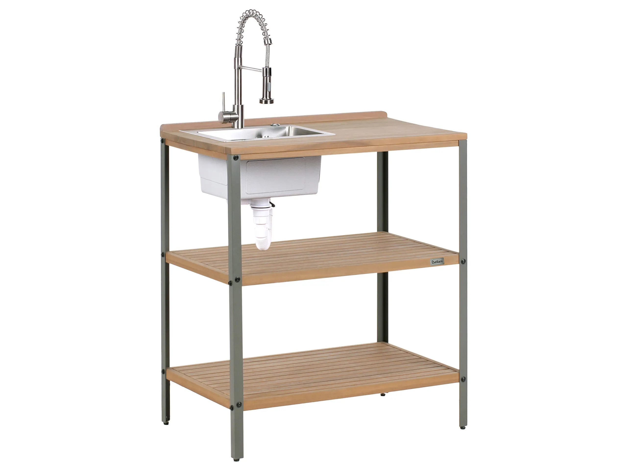 Isla de cocina exterior con fregadero IVREA Madera de acacia certificada Marrón/Plateado